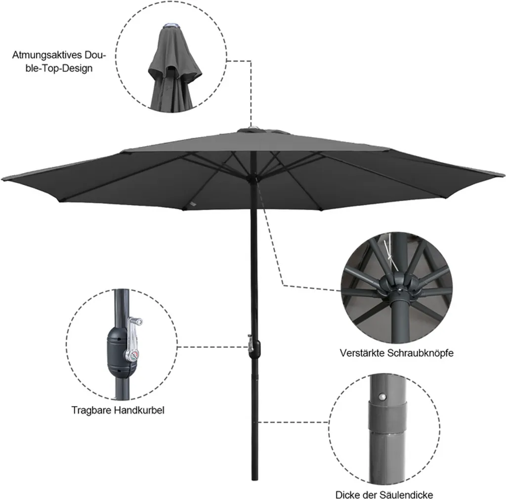 Wolketon 3m-3.5m Sonnenschirm Marktschirm Mit Handkurbel UV40+ Outdoor-Schirm Terrassen Gartenschirm,Grau,3.5m 5 Wolketon 3m-3.5m Sonnenschirm Marktschirm Mit Handkurbel UV40+ Outdoor-Schirm Terrassen Gartenschirm,Grau,3.5m - Image 5
