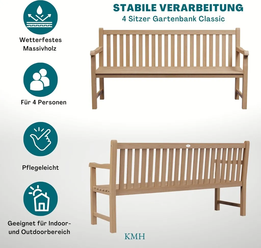KMH®TEAK Gartenbank 4-Sitzer *Classic* B 180 X H 92,5 X T 52 Cm, Teakholz 4 KMH®TEAK Gartenbank 4-Sitzer *Classic* B 180 X H 92,5 X T 52 Cm, Teakholz - Image 4