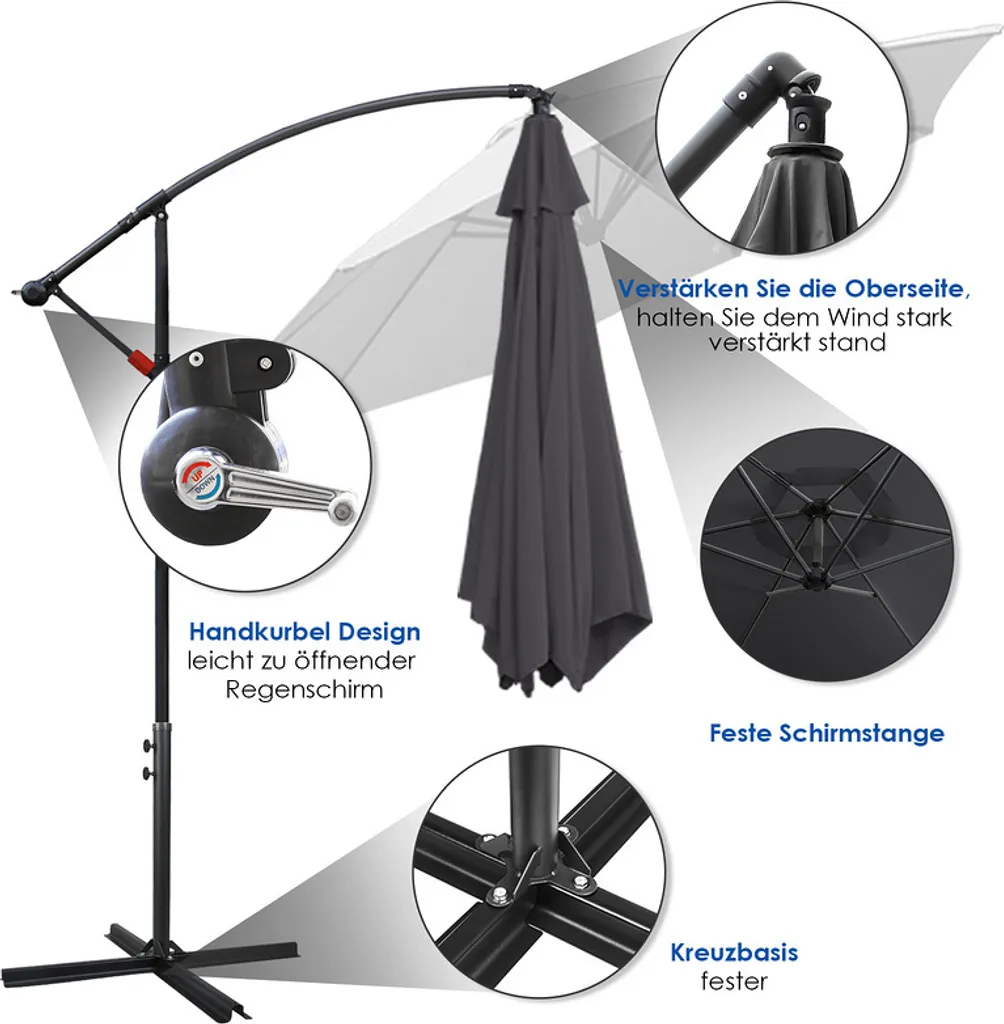 Lospitch 3.5m Sonnenschirm Ampelschirm Gartenschirm Terrassen UV40+ Marktschirm,Grau,3.5m 4 Lospitch 3.5m Sonnenschirm Ampelschirm Gartenschirm Terrassen UV40+ Marktschirm,Grau,3.5m - Image 4