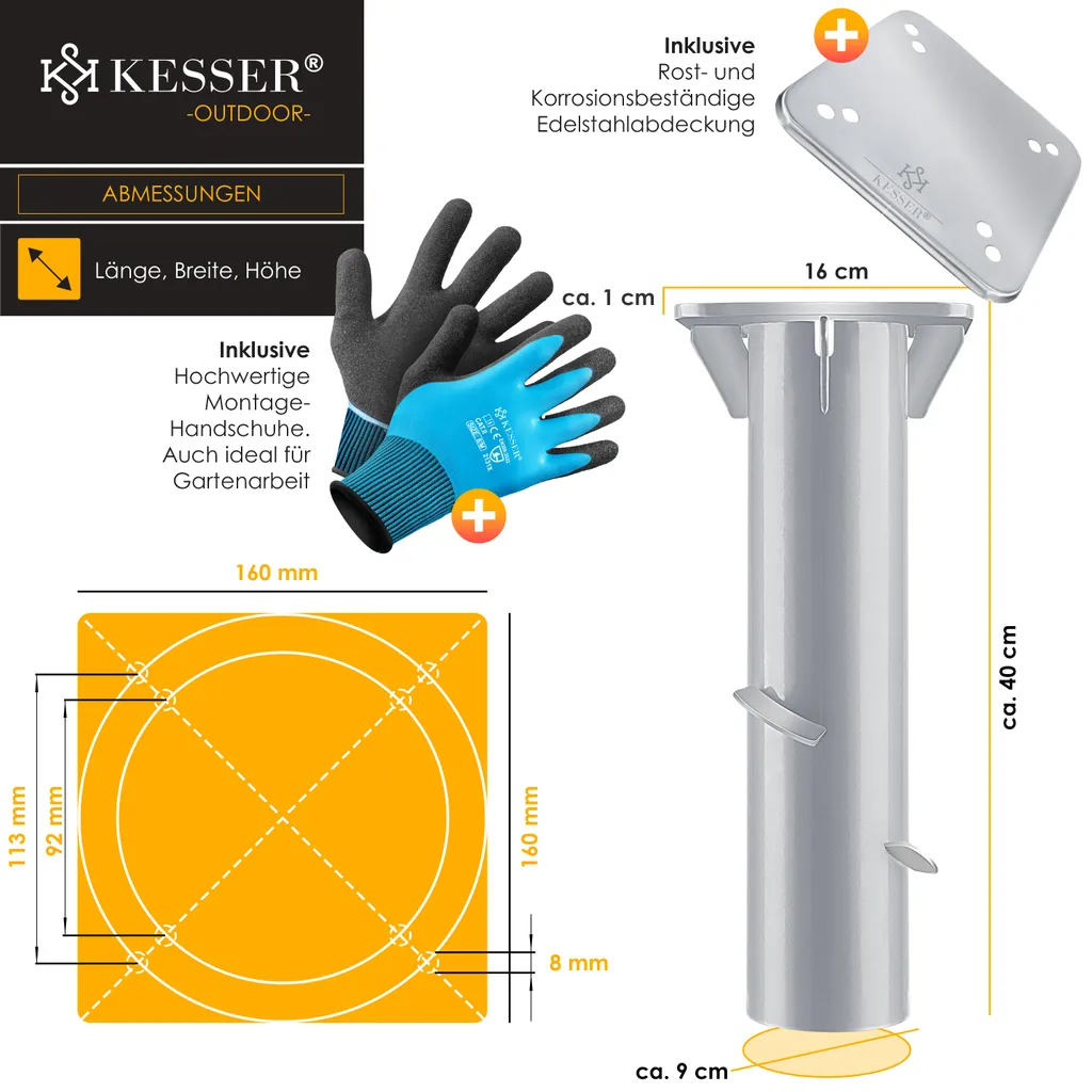 KESSER® Metall Universal Bodenplatte Sonnenschirmständer Für Sonnenschirm - Ampelschirm - Kurbelschirm | Bodenanker, Inkl. Handschuhe | 16 X 16 Cm, , Farbe:Silber 8 KESSER® Metall Universal Bodenplatte Sonnenschirmständer Für Sonnenschirm - Ampelschirm - Kurbelschirm | Bodenanker, Inkl. Handschuhe | 16 X 16 Cm, , Farbe:Silber - Image 8
