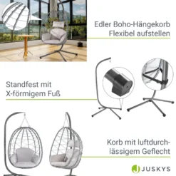 Juskys Hängesessel Aria Mit Kissen - Höhenverstellbar & Faltbar - Polyrattan Hängeschaukel Outdoor & Indoor - Korbhängesessel Silber Bis 130kg -Stil Beet Verkaufsgeschäft c16a72869f3faac936d8be93cff7ff44