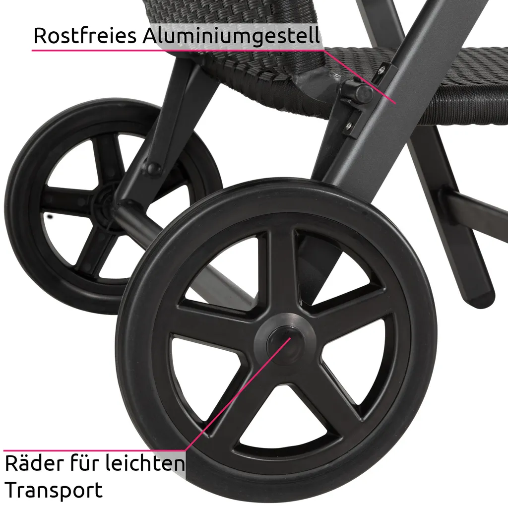 Tectake Rollliege Rattan Auckland Klappbar Mit Aluminiumgestell - Schwarz 2 Tectake Rollliege Rattan Auckland Klappbar Mit Aluminiumgestell - Schwarz - Image 2