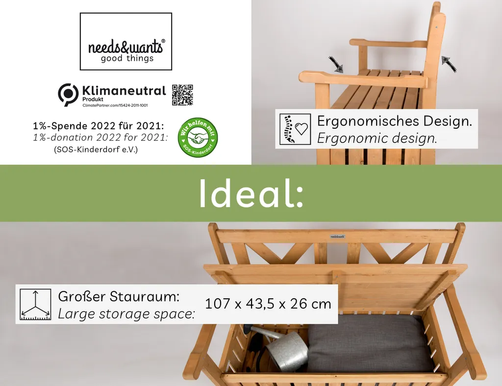 Needs&wants® Gartenbank Holz Wetterfest Mit Stauraum Und Abdeckung, 2-Sitzer Truhenbank Holzbank Klassisch, Parkbank Sitzbank Massiv Garten Outdoor Mit Truhe, 115x58x85 Cm, Naturholz Massivholz, Dunkel-braun 2 Needs&wants® Gartenbank Holz Wetterfest Mit Stauraum Und Abdeckung, 2-Sitzer Truhenbank Holzbank Klassisch, Parkbank Sitzbank Massiv Garten Outdoor Mit Truhe, 115x58x85 Cm, Naturholz Massivholz, Dunkel-braun - Image 2
