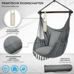 Tillvex Hängesessel Grau 2 Kissen Zum Aufhängen | Hängestuhl Mit Getränkehalter & Bücherfach | Hängesitz Wetterfest - Indoor & Outdoor | Hängekorb Mit Tragetasche Für Erwachsene & Kinder -Stil Beet Verkaufsgeschäft c77cb737023192393f8f38fe68836e8d