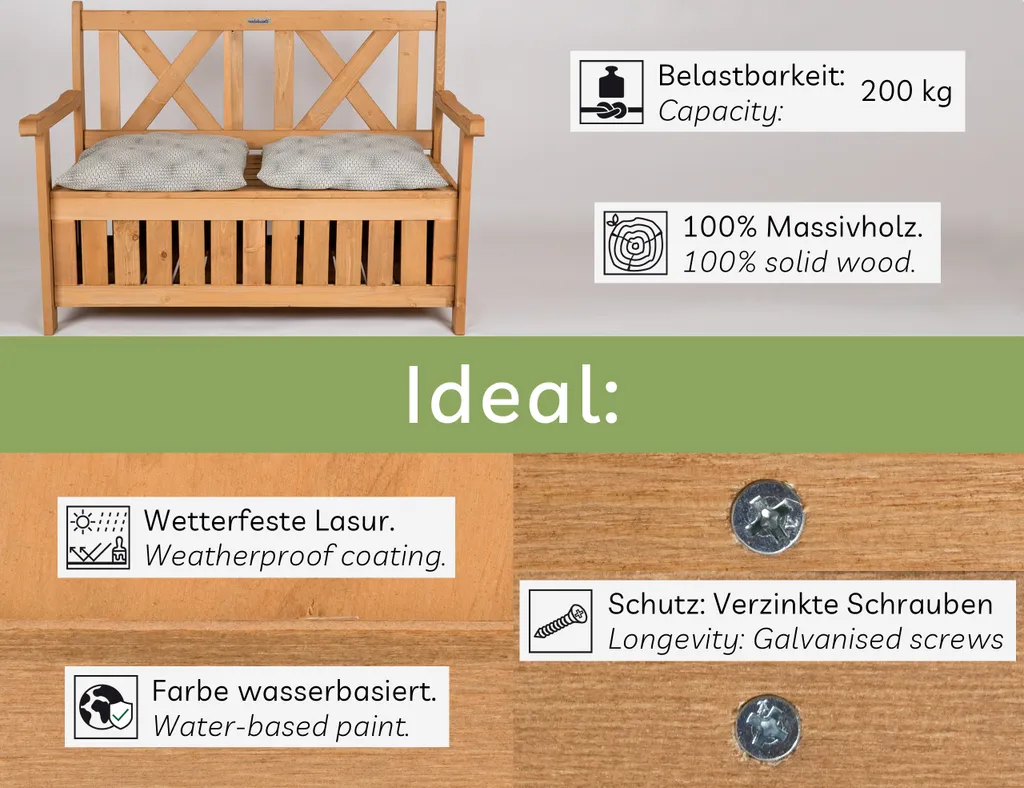 Needs&wants® Gartenbank Holz Wetterfest Mit Stauraum Und Abdeckung, 2-Sitzer Truhenbank Holzbank Klassisch, Parkbank Sitzbank Massiv Garten Outdoor Mit Truhe, 115x58x85 Cm, Naturholz Massivholz, Dunkel-braun 4 Needs&wants® Gartenbank Holz Wetterfest Mit Stauraum Und Abdeckung, 2-Sitzer Truhenbank Holzbank Klassisch, Parkbank Sitzbank Massiv Garten Outdoor Mit Truhe, 115x58x85 Cm, Naturholz Massivholz, Dunkel-braun - Image 4