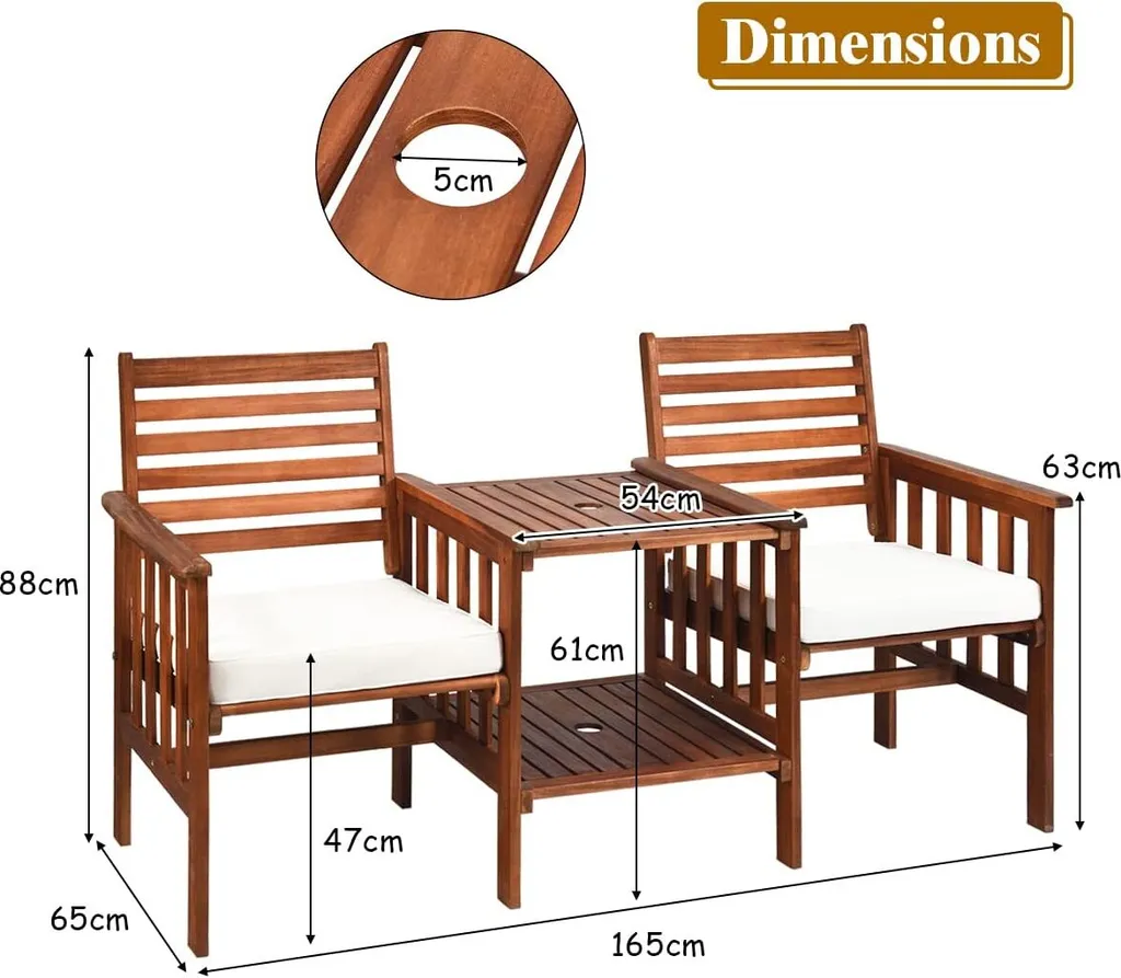 COSTWAY Gartenbank Holz Mit Doppelsitz Und Beistelltisch, Holzbank Bis 350kg Sitzbank Inkl. Kissen & Schirmloch, Terrassenbank Für Balkon, Garten, Veranda 6 COSTWAY Gartenbank Holz Mit Doppelsitz Und Beistelltisch, Holzbank Bis 350kg Sitzbank Inkl. Kissen & Schirmloch, Terrassenbank Für Balkon, Garten, Veranda - Image 6