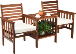 COSTWAY Gartenbank Holz Mit Doppelsitz Und Beistelltisch, Holzbank Bis 350kg Sitzbank Inkl. Kissen & Schirmloch, Terrassenbank Für Balkon, Garten, Veranda