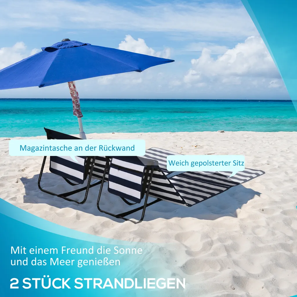 Outsunny 2er-Set Strandmatte, Faltbare Strandliege, Verstellbare Sonnenliege, Strandmatratze Mit Tragetasche, Magazin Tasche, Stahl, Oxford, 142 X 51 X 40 Cm, Blau+Weiß 4 Outsunny 2er-Set Strandmatte, Faltbare Strandliege, Verstellbare Sonnenliege, Strandmatratze Mit Tragetasche, Magazin Tasche, Stahl, Oxford, 142 X 51 X 40 Cm, Blau+Weiß - Image 4