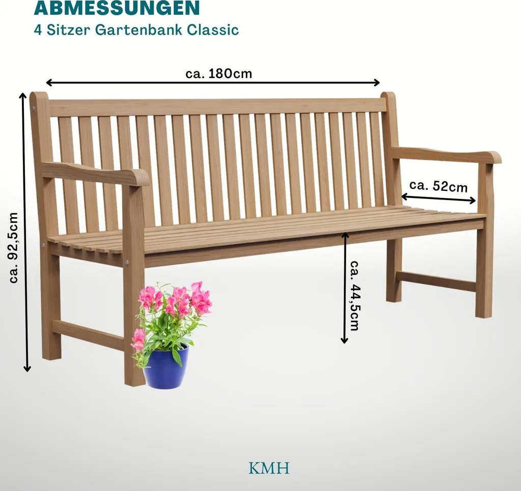 KMH®TEAK Gartenbank 4-Sitzer *Classic* B 180 X H 92,5 X T 52 Cm, Teakholz 3 KMH®TEAK Gartenbank 4-Sitzer *Classic* B 180 X H 92,5 X T 52 Cm, Teakholz - Image 3