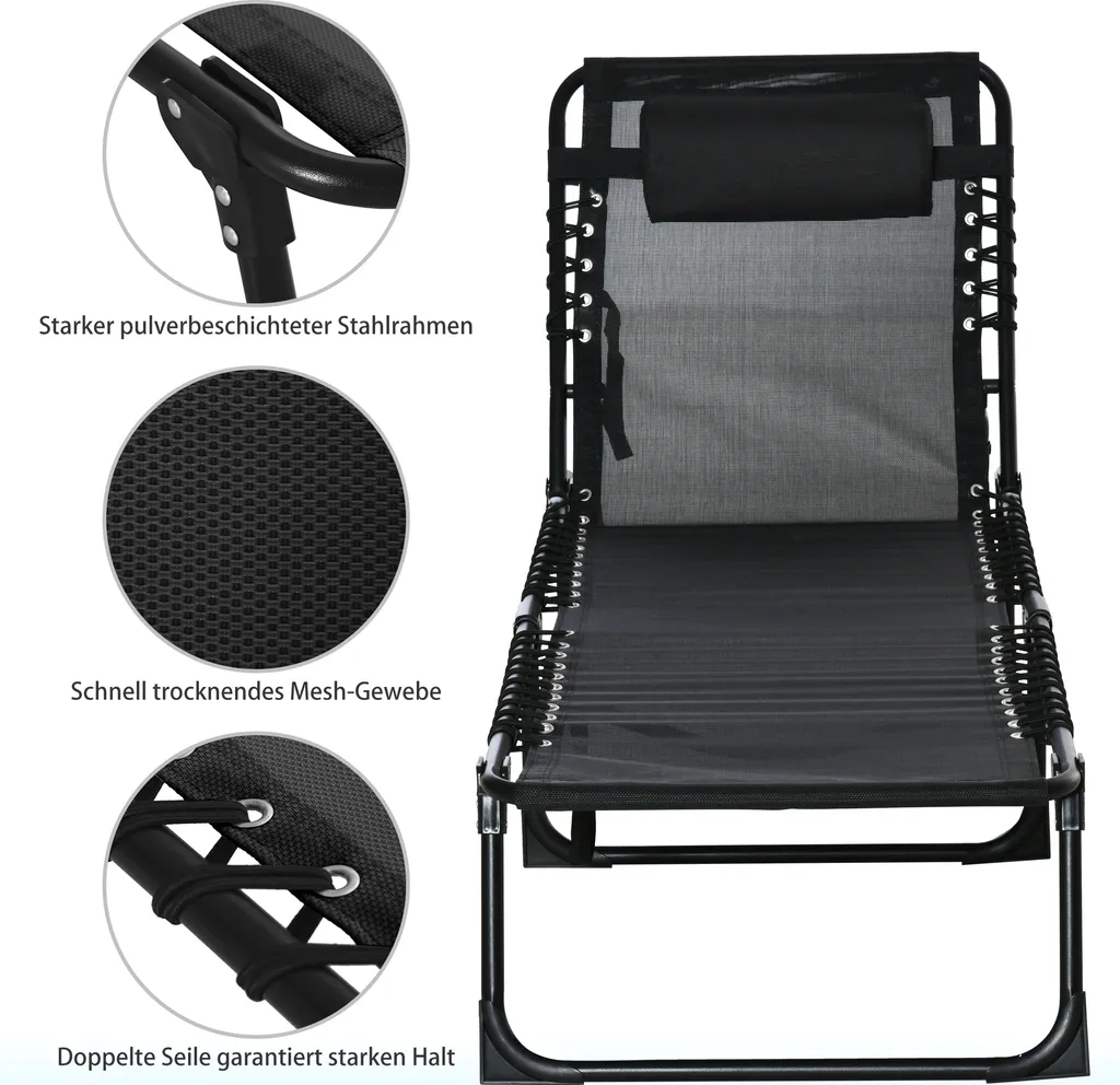 Outsunny Sonnenliege Faltbar Gartenliege Klappliege Garten 4-stufige Rückenlehne Verstellbar Stahl Mesh-Stoff Schwarz 197 X 58 X 76 Cm 5 Outsunny Sonnenliege Faltbar Gartenliege Klappliege Garten 4-stufige Rückenlehne Verstellbar Stahl Mesh-Stoff Schwarz 197 X 58 X 76 Cm - Image 5