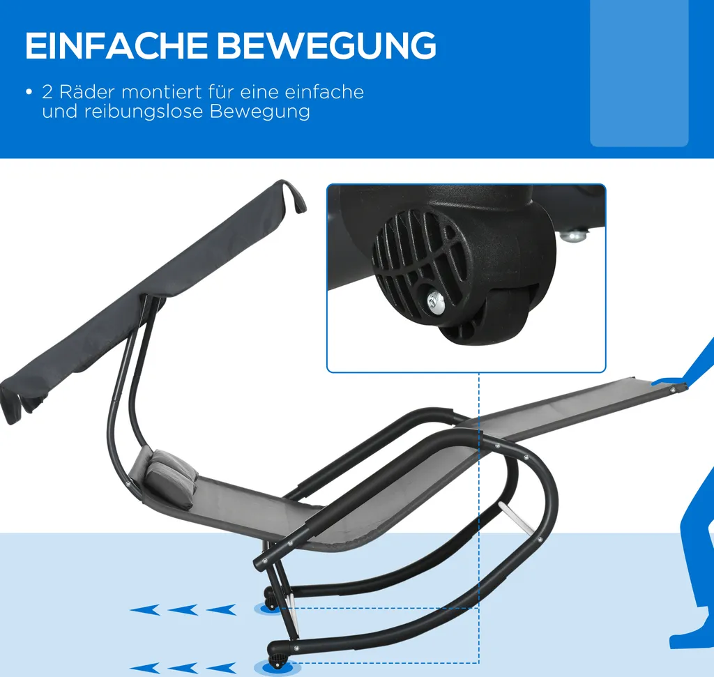 Outsunny Doppel-Sonnenliege Schaukelbank Mit Sonnendach, Schaukelsessel Mit Rollen, Gartenliege Mit Kopfkissen, 220 Kg Belastung, Für 2 Personen, Dunkelgrau, 200x139x140cm 5 Outsunny Doppel-Sonnenliege Schaukelbank Mit Sonnendach, Schaukelsessel Mit Rollen, Gartenliege Mit Kopfkissen, 220 Kg Belastung, Für 2 Personen, Dunkelgrau, 200x139x140cm – Bild 5
