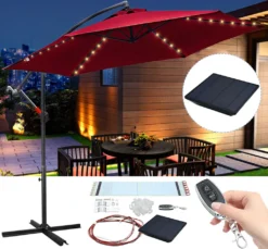 EINFEBEN 3m Sonnenschirm Gartenschirm Mit LED Solar Ampelschirm Pavillon Kurbelsonnenschirm Alu,Rot,3m