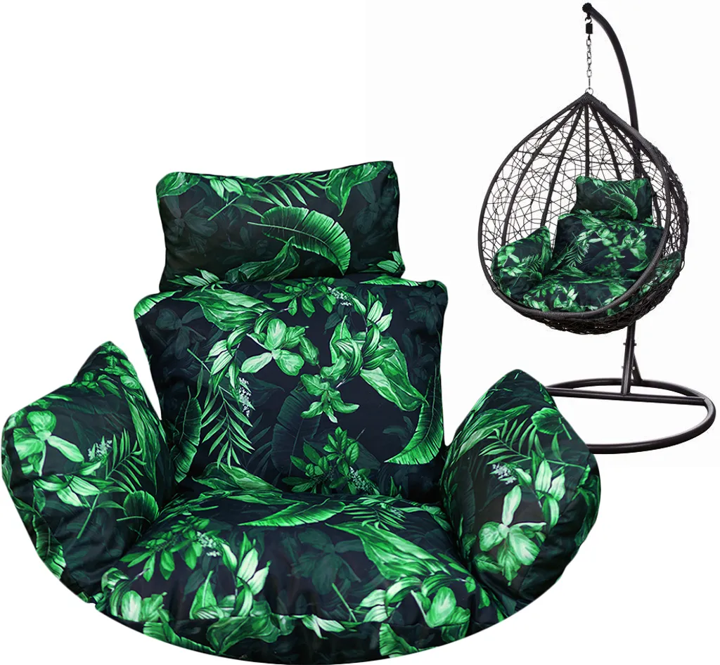 Hängesessel Kissen, Polster Für Polyrattan / Rattan Hängeschaukel, Hängekorb, Schaukel Korb, Rückenkissen - Schwarz Mit Grünen Blättern 1 Hängesessel Kissen, Polster Für Polyrattan / Rattan Hängeschaukel, Hängekorb, Schaukel Korb, Rückenkissen - Schwarz Mit Grünen Blättern