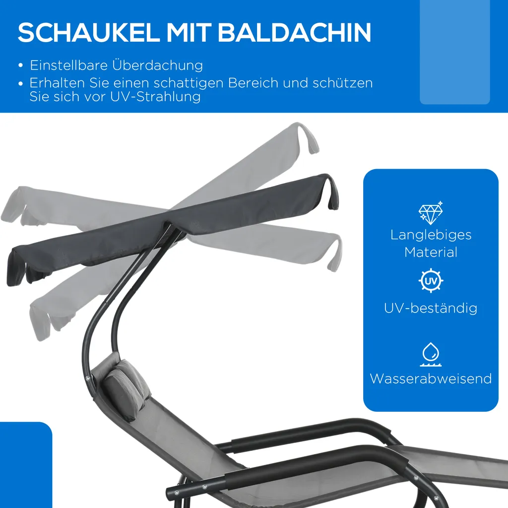 Outsunny Doppel-Sonnenliege Schaukelbank Mit Sonnendach, Schaukelsessel Mit Rollen, Gartenliege Mit Kopfkissen, 220 Kg Belastung, Für 2 Personen, Dunkelgrau, 200x139x140cm 4 Outsunny Doppel-Sonnenliege Schaukelbank Mit Sonnendach, Schaukelsessel Mit Rollen, Gartenliege Mit Kopfkissen, 220 Kg Belastung, Für 2 Personen, Dunkelgrau, 200x139x140cm – Bild 4