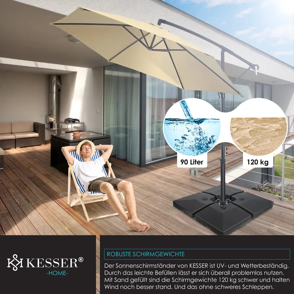 KESSER® Sonnenschirmständer 4-teilig Schirmgewicht Schirmständer Für Ampelschirm Bodenkreuz 90 Liter / 120 Kg Befüllbar Mit Wasser Oder Sand Inkl. Metallverbinder Ampelschirmständer Kunststoff, Farbe:Schwarz 7 KESSER® Sonnenschirmständer 4-teilig Schirmgewicht Schirmständer Für Ampelschirm Bodenkreuz 90 Liter / 120 Kg Befüllbar Mit Wasser Oder Sand Inkl. Metallverbinder Ampelschirmständer Kunststoff, Farbe:Schwarz - Image 7