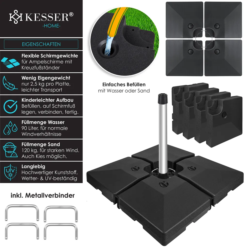 KESSER® Sonnenschirmständer 4-teilig Schirmgewicht Schirmständer Für Ampelschirm Bodenkreuz 90 Liter / 120 Kg Befüllbar Mit Wasser Oder Sand Inkl. Metallverbinder Ampelschirmständer Kunststoff, Farbe:Schwarz 3 KESSER® Sonnenschirmständer 4-teilig Schirmgewicht Schirmständer Für Ampelschirm Bodenkreuz 90 Liter / 120 Kg Befüllbar Mit Wasser Oder Sand Inkl. Metallverbinder Ampelschirmständer Kunststoff, Farbe:Schwarz - Image 3