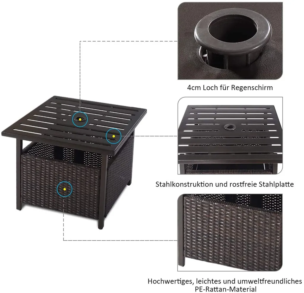 COSTWAY Garten Beistelltisch Rattan, Gartentisch Mit Schirmloch, Rattantisch Kaffeetisch Terrasentisch Balkontisch Teetisch 55,5x55,5x46cm 4 COSTWAY Garten Beistelltisch Rattan, Gartentisch Mit Schirmloch, Rattantisch Kaffeetisch Terrasentisch Balkontisch Teetisch 55,5x55,5x46cm - Image 4