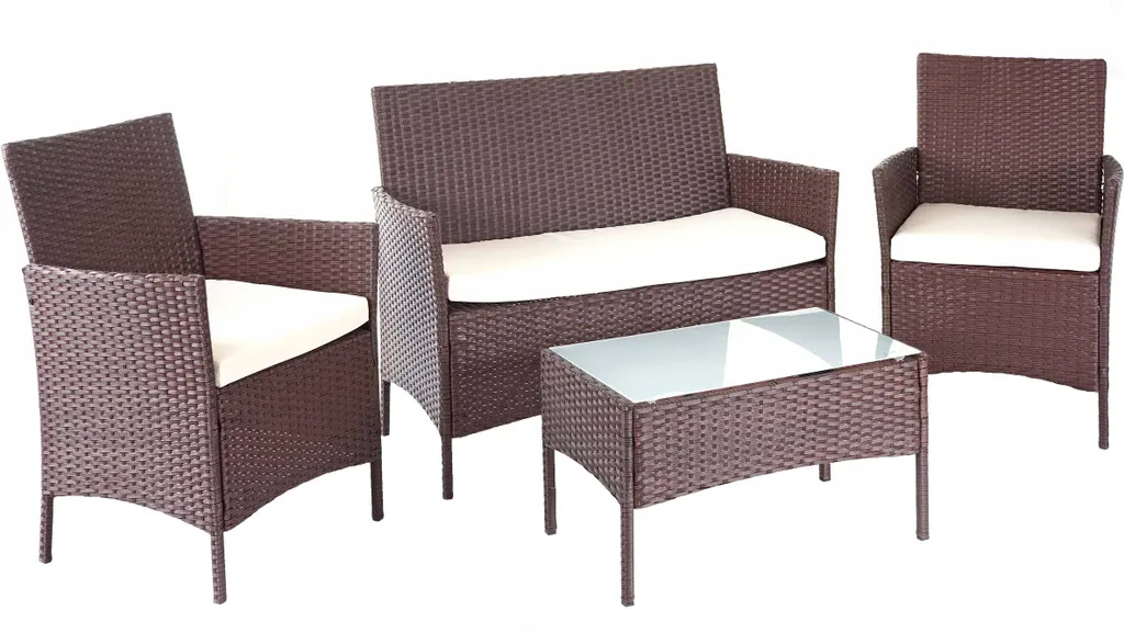 Poly-Rattan Garten-Garnitur HWC-D82, Sitzgruppe Lounge-Set Braun-meliert Mit Kissen Creme 1 Poly-Rattan Garten-Garnitur HWC-D82, Sitzgruppe Lounge-Set Braun-meliert Mit Kissen Creme