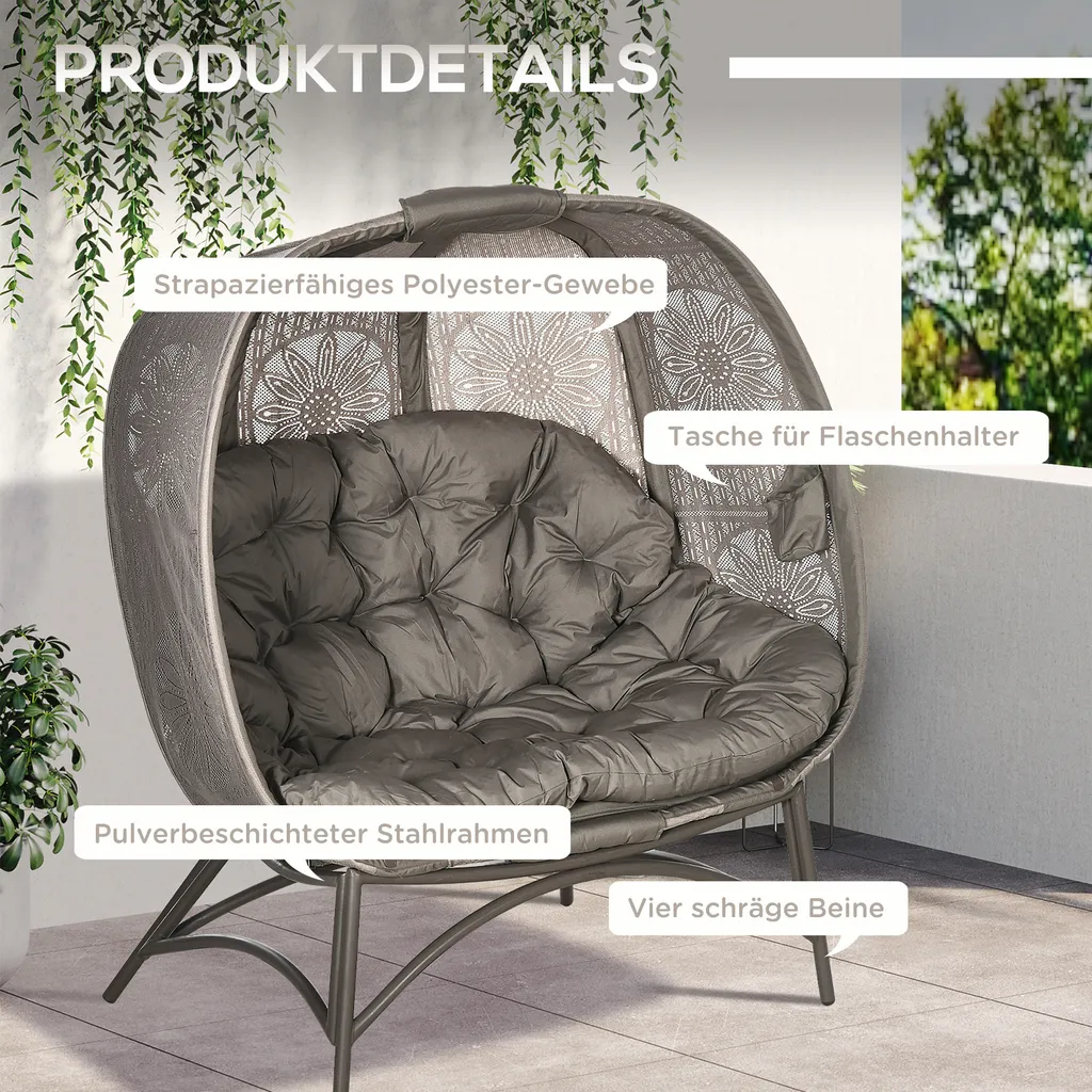Outsunny Gartenstuhl 2-Sitzer, Korb-Stuhl Mit Faltbarem Korb, Papasansessel Mit Kissen, Loungesessel Für Balkon, Terrasse, Stahl, Sand, 126 X 75 X 142 Cm 7 Outsunny Gartenstuhl 2-Sitzer, Korb-Stuhl Mit Faltbarem Korb, Papasansessel Mit Kissen, Loungesessel Für Balkon, Terrasse, Stahl, Sand, 126 X 75 X 142 Cm - Image 7