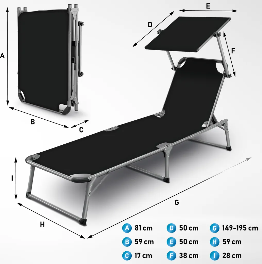 Tillvex® Sonnenliege Mit Dach Schwarz | Gartenliege Klappbar | Liegestuhl Mit 6-fach Verstellbarer Rückenlehne Und Tragegriff 5 Tillvex® Sonnenliege Mit Dach Schwarz | Gartenliege Klappbar | Liegestuhl Mit 6-fach Verstellbarer Rückenlehne Und Tragegriff - Image 5