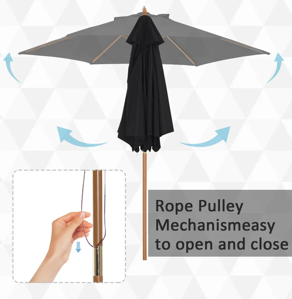 Outsunny Sonnenschirm, Gartenschirm, 3-stufig, Sonnenschutz, Bambus 180/㎡ Polyester, Schwarz, Ø2,5 X 2,3 M 4 Outsunny Sonnenschirm, Gartenschirm, 3-stufig, Sonnenschutz, Bambus 180/㎡ Polyester, Schwarz, Ø2,5 X 2,3 M - Image 4