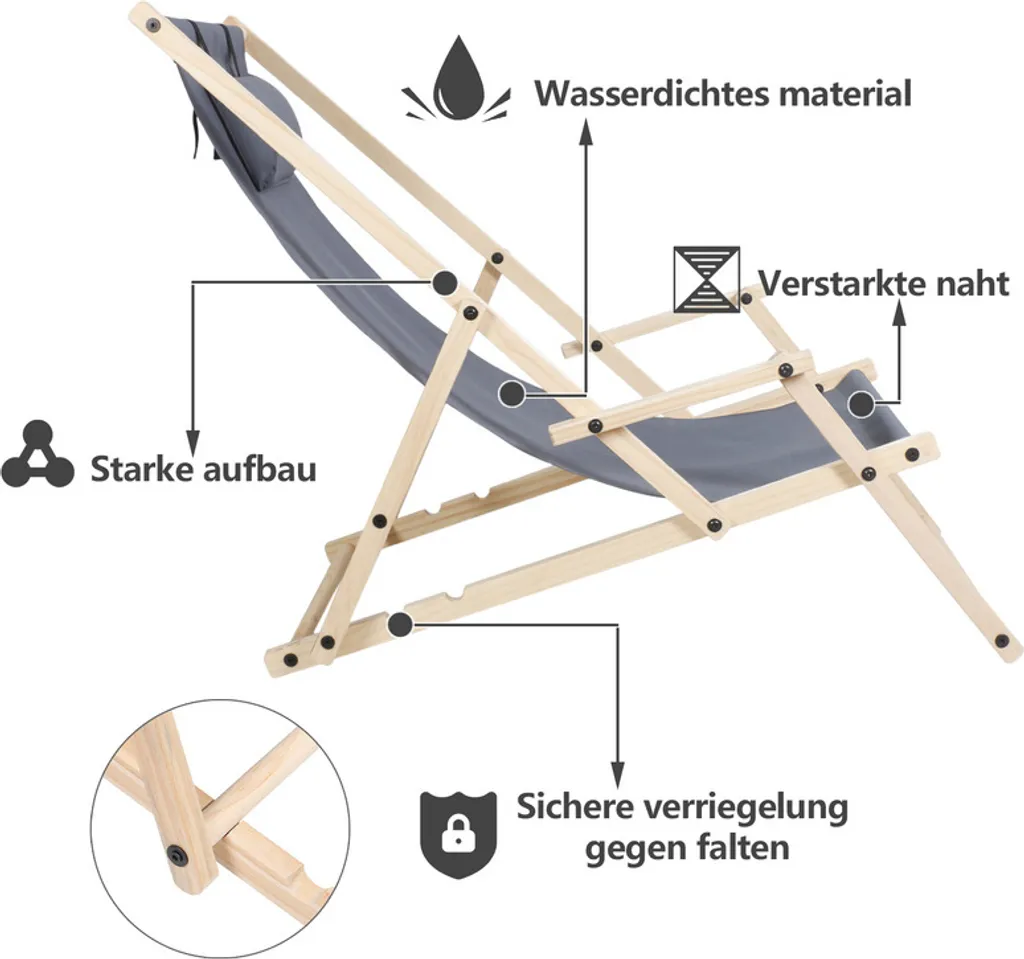EINFEBEN Liegestuhl Campingstuhl Klappliege Strand Klappbar Sonnenstuhl Holz Sonnenliege Grau 2 EINFEBEN Liegestuhl Campingstuhl Klappliege Strand Klappbar Sonnenstuhl Holz Sonnenliege Grau - Image 2